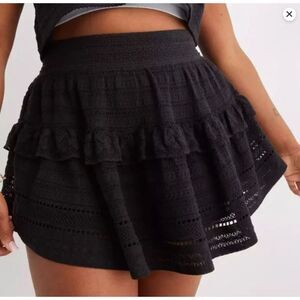 Aerie Crocheted Lined Tiered Mini Skirt Black Elastic Waist M